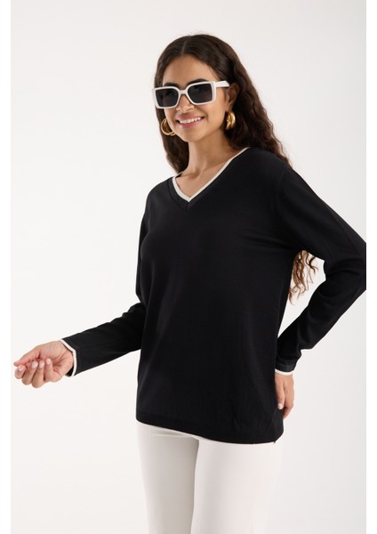 Kadın Siyah Elit Viskon Kumaş Kontrast Sim Biyeli V Yaka Triko Bluz modelleri