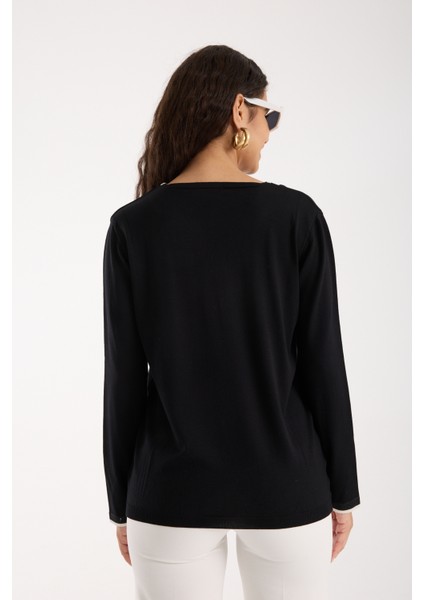 Kadın Siyah Elit Viskon Kumaş Kontrast Sim Biyeli V Yaka Triko Bluz fırsatları