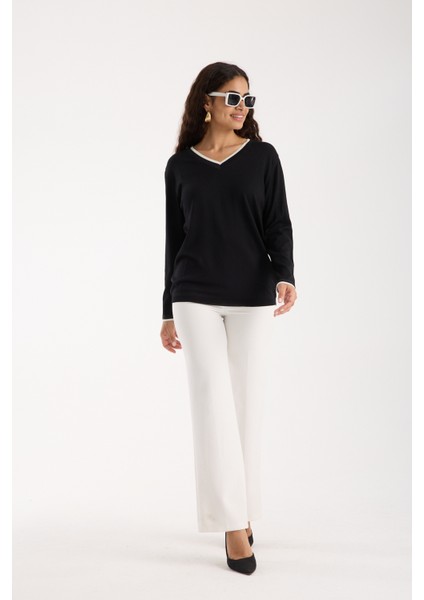 Kadın Siyah Elit Viskon Kumaş Kontrast Sim Biyeli V Yaka Triko Bluz