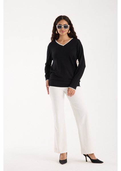 Kadın Siyah Elit Viskon Kumaş Kontrast Sim Biyeli V Yaka Triko Bluz