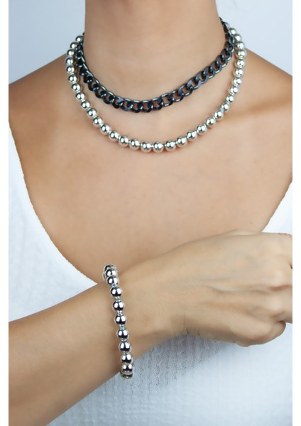 Metalize Çift Sıralı Kolye Bileklik Set