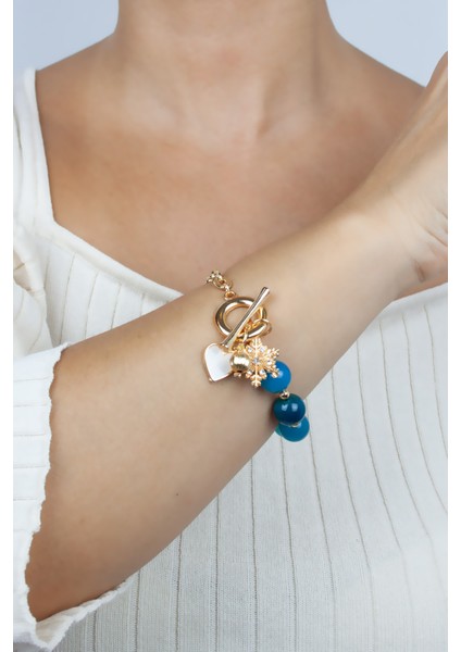 Mavi Akik Doğaltaş Gold Zincir Bileklik