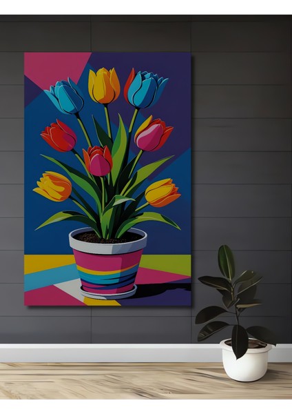 Renkli Lale Bahçesi Yağlı Boya Görünümlü Ahşap Dekoratif Tablo Dikdörtgen Tablo