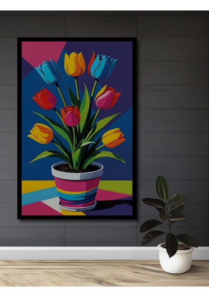 Renkli Lale Bahçesi Yağlı Boya Görünümlü Ahşap Dekoratif Tablo Dikdörtgen Tablo fiyatları