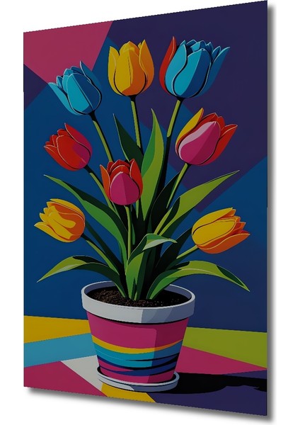 Renkli Lale Bahçesi Yağlı Boya Görünümlü Ahşap Dekoratif Tablo Dikdörtgen Tablo modelleri