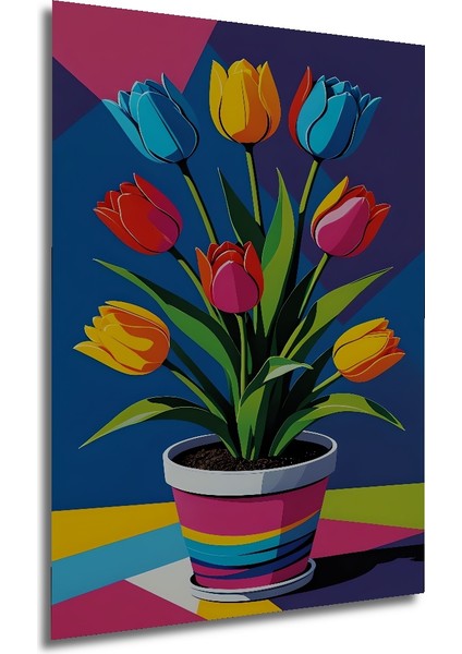 Renkli Lale Bahçesi Yağlı Boya Görünümlü Ahşap Dekoratif Tablo Dikdörtgen Tablo fırsatları