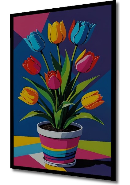 Renkli Lale Bahçesi Yağlı Boya Görünümlü Ahşap Dekoratif Tablo Dikdörtgen Tablo indirimleri