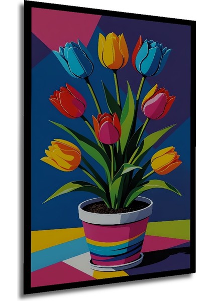 Renkli Lale Bahçesi Yağlı Boya Görünümlü Ahşap Dekoratif Tablo Dikdörtgen Tablo