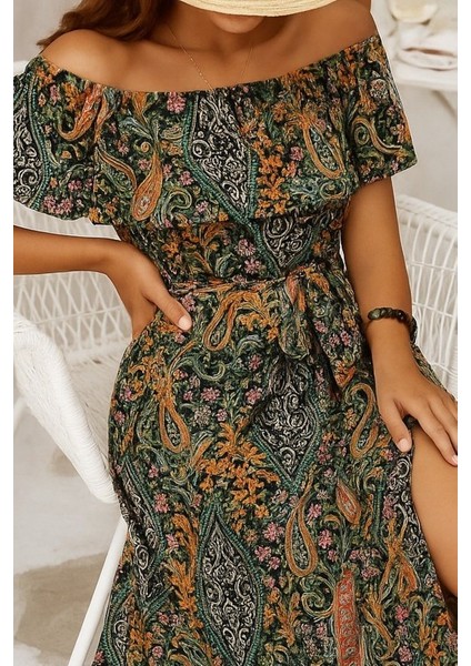 Kadın Kısa Kollu Madonna Yaka Fırfırlı Belden Yırtmaçlı Maksi Süprem Elbise fiyatları