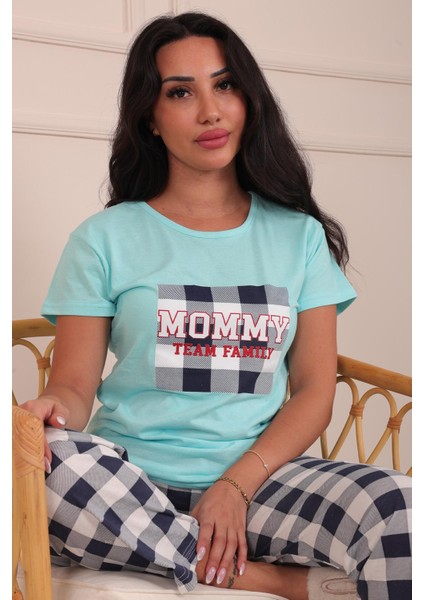 Kadın Mommy Sloganlı Bisiklet Yaka Kısa Kol Altı Uzun Penye Pijama Takımı Turkuaz