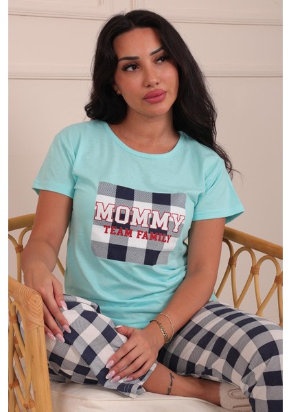 Kadın Mommy Sloganlı Bisiklet Yaka Kısa Kol Altı Uzun Penye Pijama Takımı Turkuaz fiyatları
