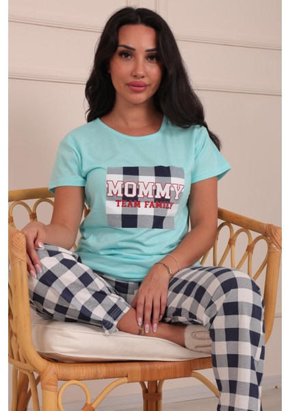 Kadın Mommy Sloganlı Bisiklet Yaka Kısa Kol Altı Uzun Penye Pijama Takımı Turkuaz modelleri