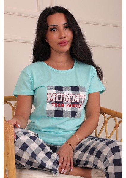 Kadın Mommy Sloganlı Bisiklet Yaka Kısa Kol Altı Uzun Penye Pijama Takımı Turkuaz fırsatları