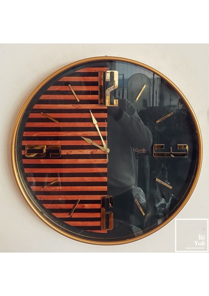 Paolo 50 cm Duvar Saati, Gold ve Ahşap Detaylı Renkli Dekoratif Saat Ev Ofis Hediyesi