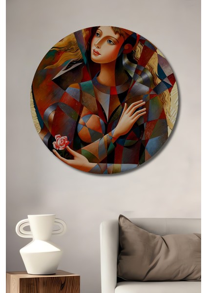 Kadın ve Gül Yağlı Boya Görünümlü Modern Sanat Ahşap Dekoratif Tablo Yuvarlak Tablo