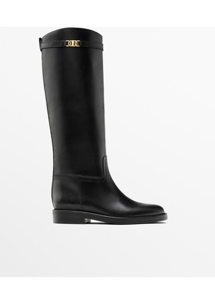 Kadın Siyah Düz Taban Diz Altı Çizme
