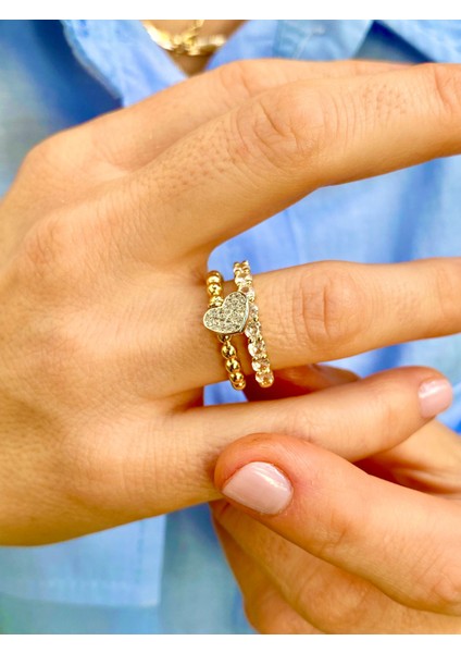 Zirkon Taşlı Altın Renk Sallantılı Kalpli Ayarlanabilir Yüzük