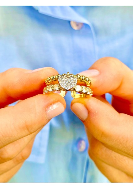 Zirkon Taşlı Altın Renk Sallantılı Kalpli Ayarlanabilir Yüzük fiyatları