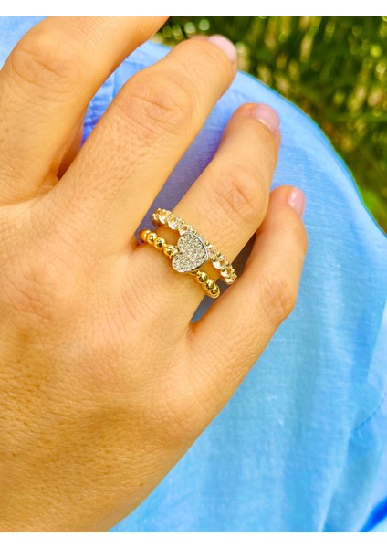 Zirkon Taşlı Altın Renk Sallantılı Kalpli Ayarlanabilir Yüzük modelleri