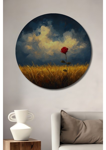 Altınbaşak Tarlası ve Kırmızı Gül Yağlı Boya Görünümlü Dekoratif Ahşap Tablo Yuvarlak Tablo