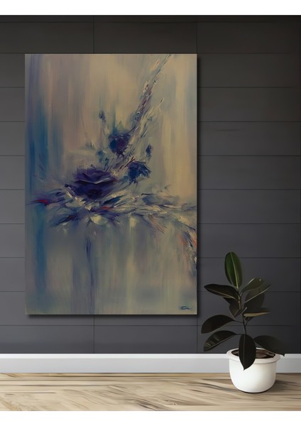 Mavi ve Mor Esintili Soyut Çiçek Yağlı Boya Görünümlü Dekoratif Ahşap Tablo Dikdörtgen Tablo