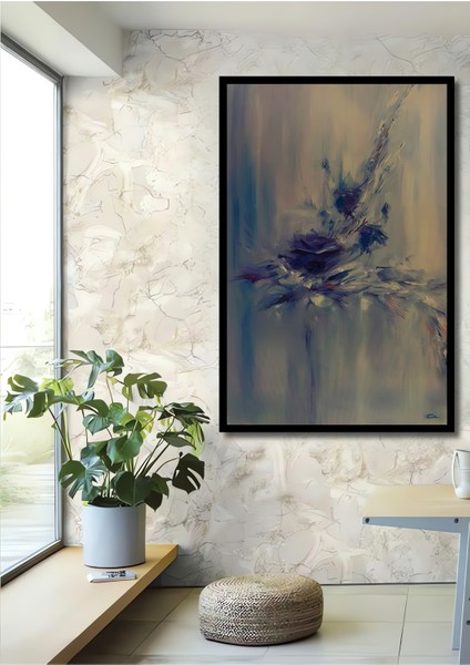 Mavi ve Mor Esintili Soyut Çiçek Yağlı Boya Görünümlü Dekoratif Ahşap Tablo Dikdörtgen Tablo fiyatları