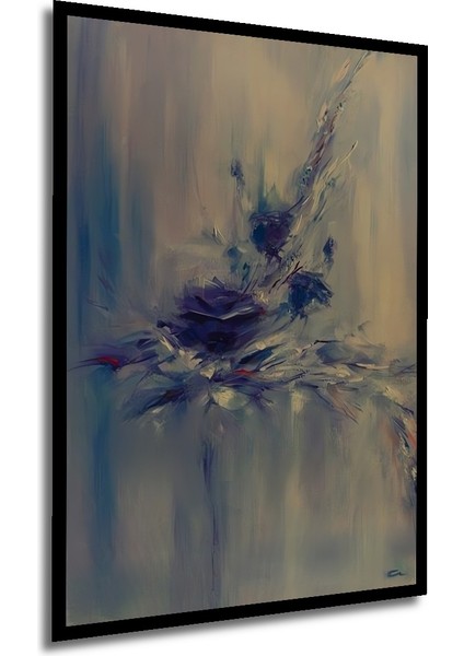 Mavi ve Mor Esintili Soyut Çiçek Yağlı Boya Görünümlü Dekoratif Ahşap Tablo Dikdörtgen Tablo