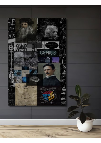 Dahi Albert Einstein ve Leonardo Da Vinci Kara Kalem Görünümlü Ahşap Tablo Dikdörtgen Tablo