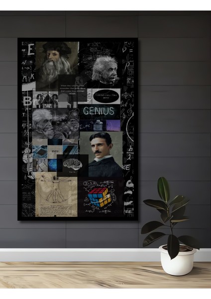 Dahi Albert Einstein ve Leonardo Da Vinci Kara Kalem Görünümlü Ahşap Tablo Dikdörtgen Tablo fiyatları