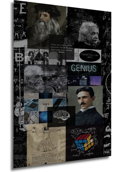 Dahi Albert Einstein ve Leonardo Da Vinci Kara Kalem Görünümlü Ahşap Tablo Dikdörtgen Tablo fırsatları