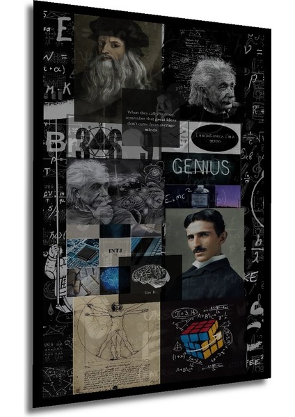 Dahi Albert Einstein ve Leonardo Da Vinci Kara Kalem Görünümlü Ahşap Tablo Dikdörtgen Tablo