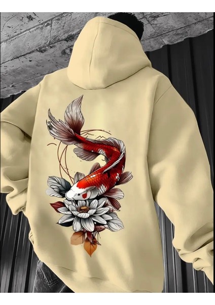 Büyük Beden Özel Tasarım Kapüşonlu Koi Balığı Sırt Baskılı %100 Pamuk Oversize Erkek Sweatshırt