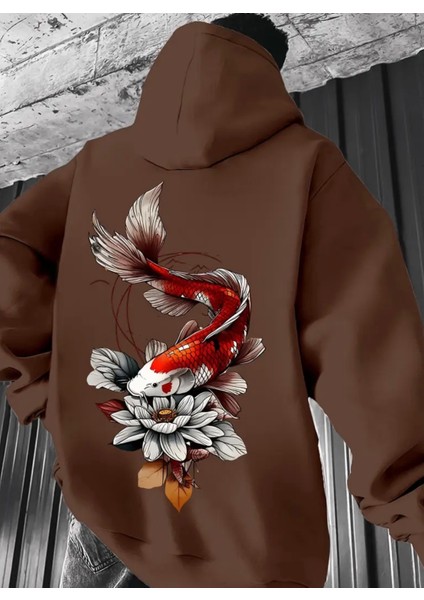 Büyük Beden Özel Tasarım Kapüşonlu Koi Balığı Sırt Baskılı %100 Pamuk Oversize Erkek Sweatshırt