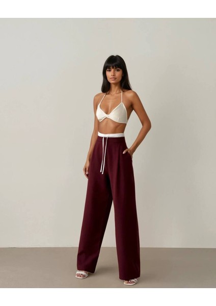Kadın Bordo Beli Şerit Lastikli Pantolon - 10846