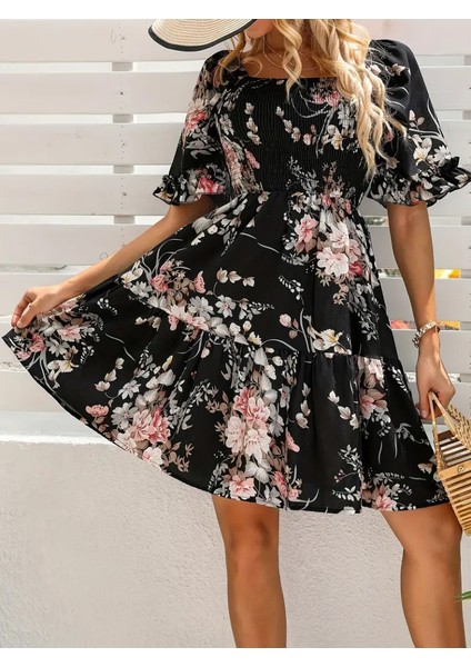 Kadın Kısa Kollu Kare Yakalı Beli Lastikli Kısa Süprem Elbise fırsatları