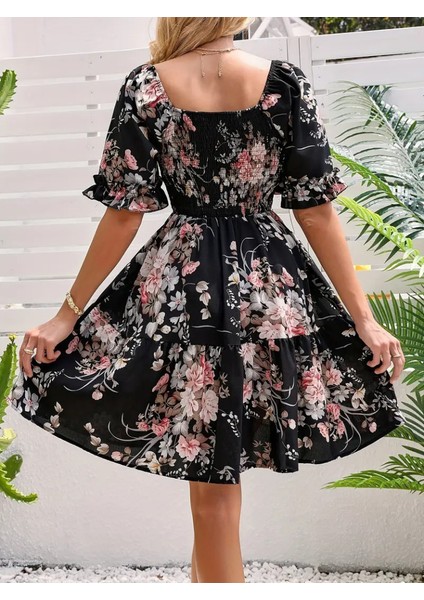 Kadın Kısa Kollu Kare Yakalı Beli Lastikli Kısa Süprem Elbise indirimleri