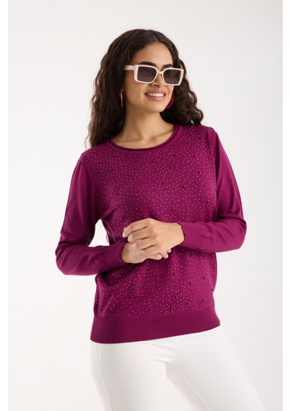 Kadın Mürdüm Elit Viskon Kumaş Taş ve Inci Detaylı Yuvalak Yaka Triko Bluz