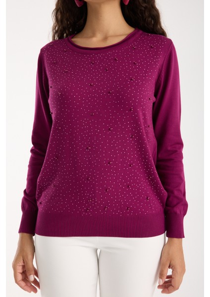 Kadın Mürdüm Elit Viskon Kumaş Taş ve Inci Detaylı Yuvalak Yaka Triko Bluz fiyatları