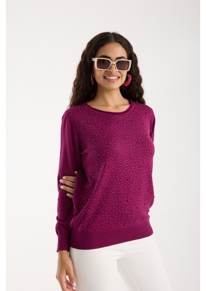 Kadın Mürdüm Elit Viskon Kumaş Taş ve Inci Detaylı Yuvalak Yaka Triko Bluz modelleri