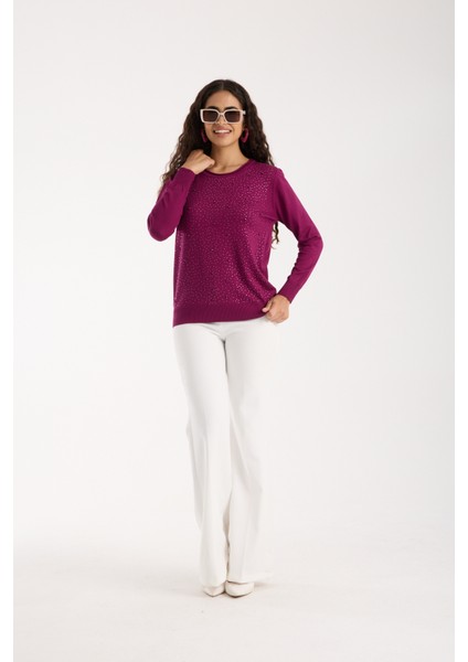 Kadın Mürdüm Elit Viskon Kumaş Taş ve Inci Detaylı Yuvalak Yaka Triko Bluz indirimleri