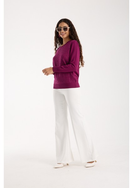 Kadın Mürdüm Elit Viskon Kumaş Taş ve Inci Detaylı Yuvalak Yaka Triko Bluz