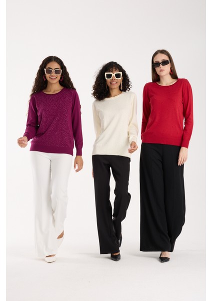 Kadın Mürdüm Elit Viskon Kumaş Taş ve Inci Detaylı Yuvalak Yaka Triko Bluz