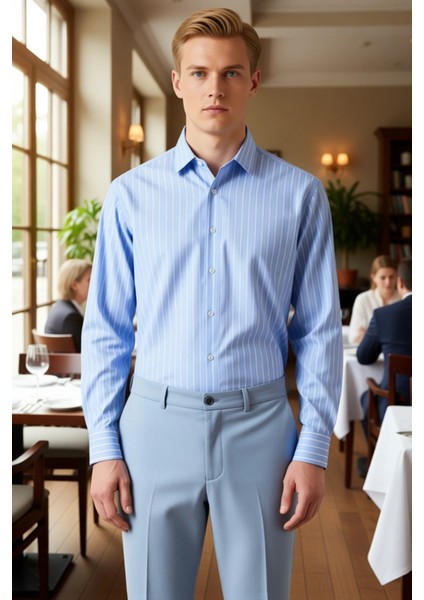 Erkek Gardirobunun Zamansiz Parcası Cizgili Dokuma Kumas Regular Fit Uzun Kollu Gomlek Şık modelleri