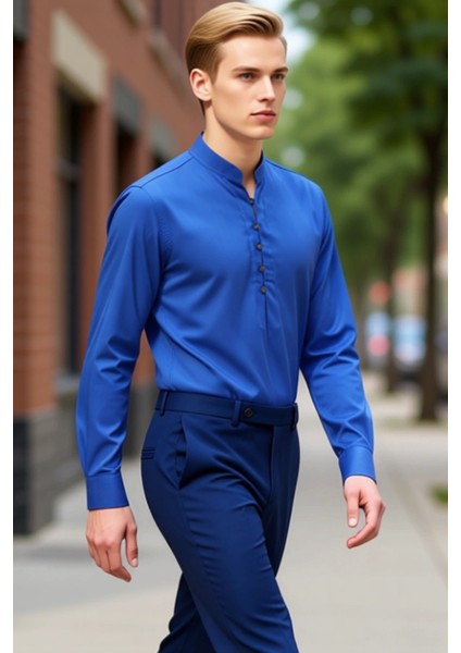 Erkek Modern Slim Fit Hakim Yaka Yarim Dugmeli Pamuklu Uzun Kollu Gomlek Fonksiyonel Rahat indirimleri