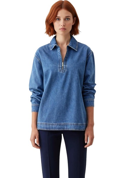 Kadın Düz Renk Denim Oversize Gömlek Fermuar Detaylı ve Şıklık Gün Boyu Sizinle Fonksiyonel