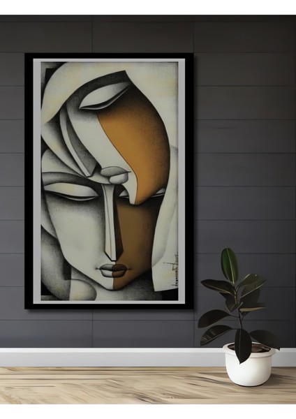 Soyut Sanatın Gızemlı Yüzleri Kara Kalem Görünümlü Ahşap Dekoratif Tablo Dikdörtgen Tablo fiyatları