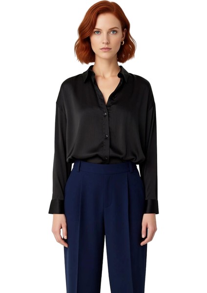 Kadın Dökümlü Oversize Gömlek Saten Dokulu Uzun Kollu Rahat Kesim Gündelik Modern Stil Şık