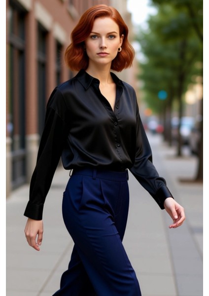 Kadın Dökümlü Oversize Gömlek Saten Dokulu Uzun Kollu Rahat Kesim Gündelik Modern Stil Şık indirimleri