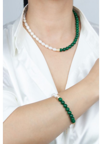 Malahit Taşlı Gerçek Inci Kolye Bileklik Set