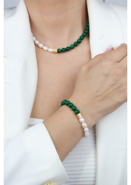 Malahit Taşlı Gerçek Inci Kolye Bileklik Set modelleri